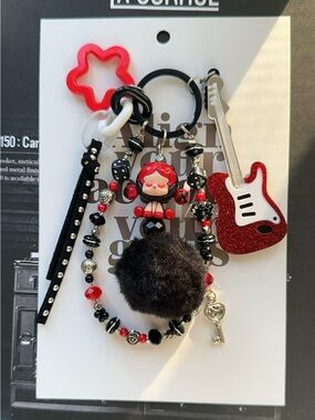 Rockstar Guitar Pom-Pom Bag Charm Keychain with Beaded Accents